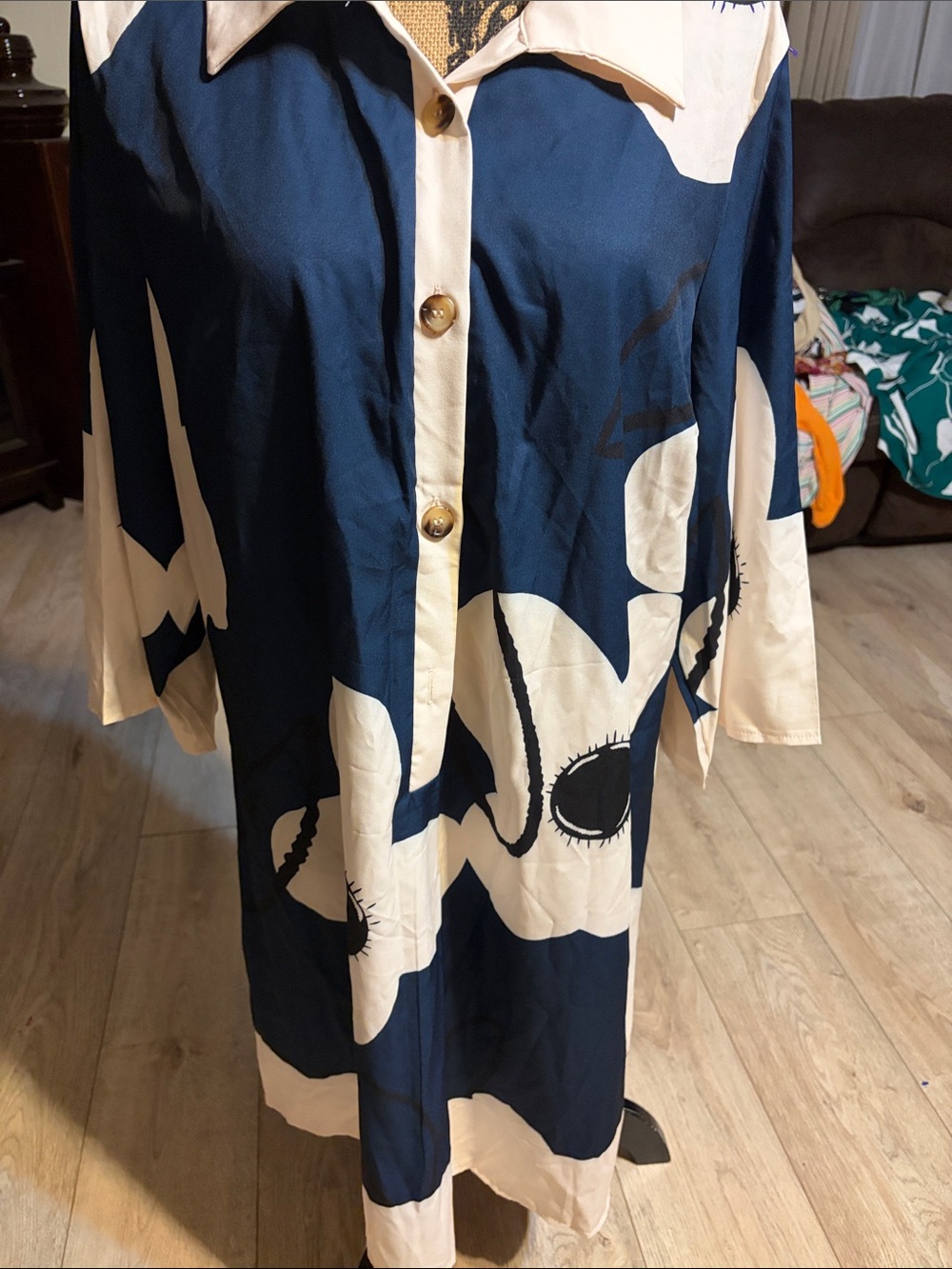 SHEIN Navy and Cream Graphic Button-Front Trench Coat
